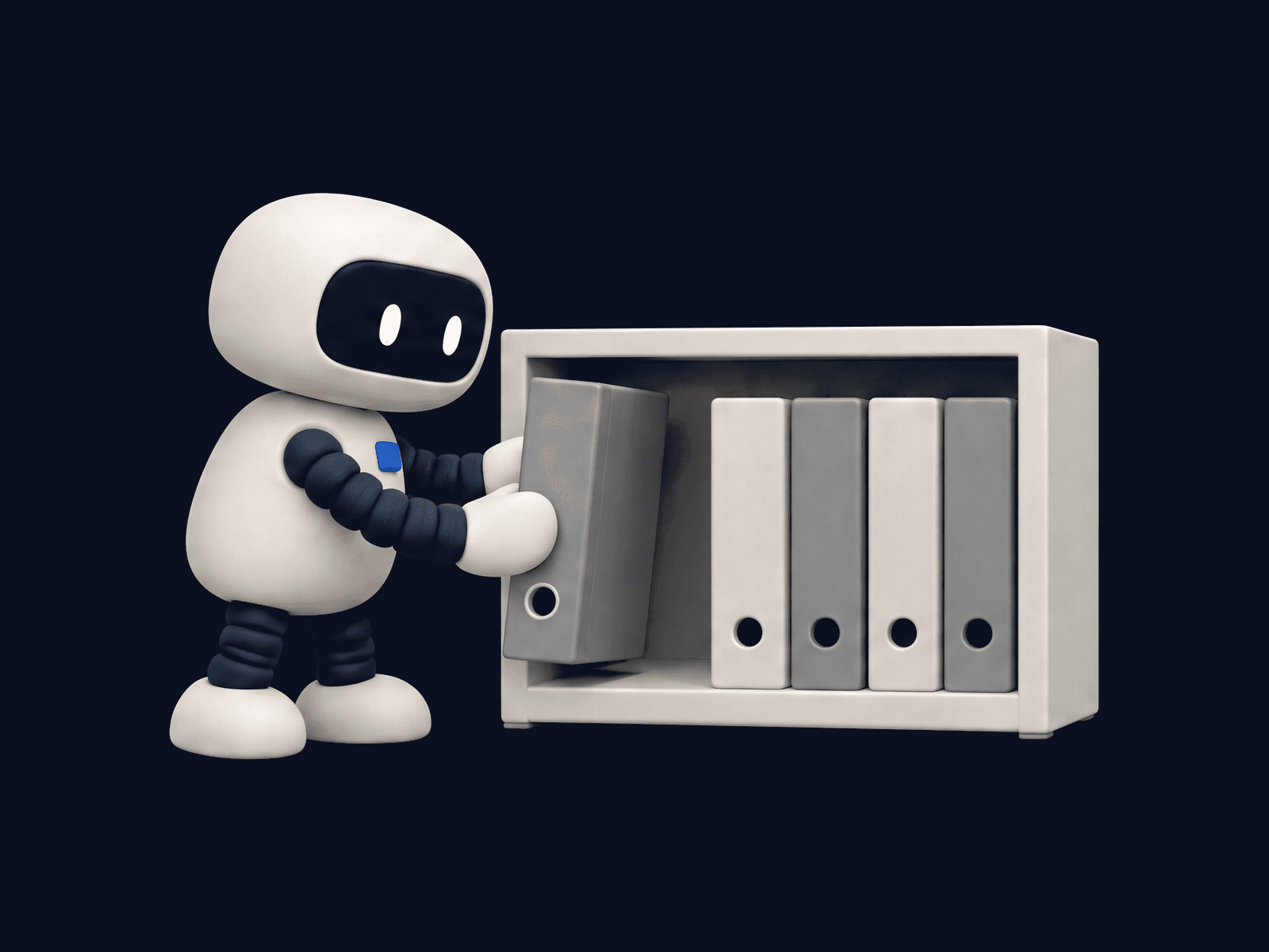 Un petit robot range un classeur dans une étagère déjà organisée.