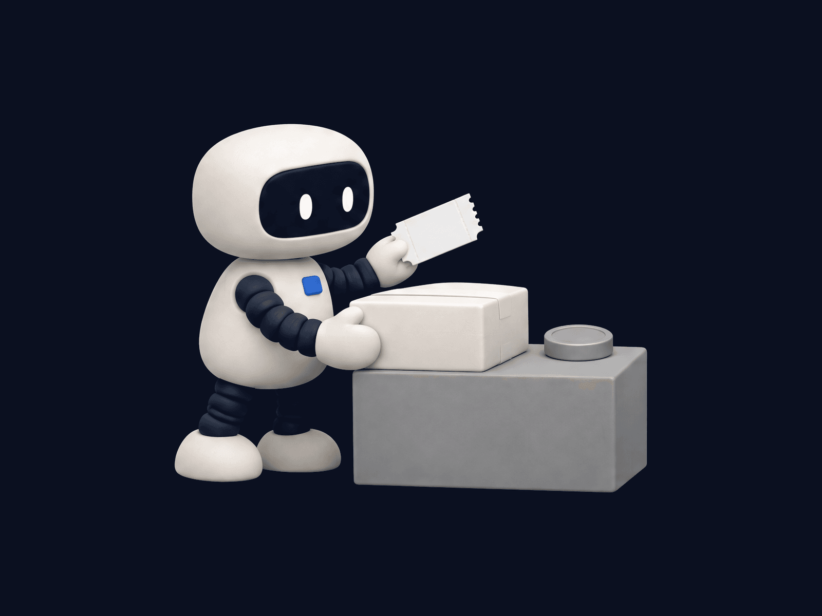 Un petit robot livre un colis et présente un ticket vierge, près d'un jeton de paiement.