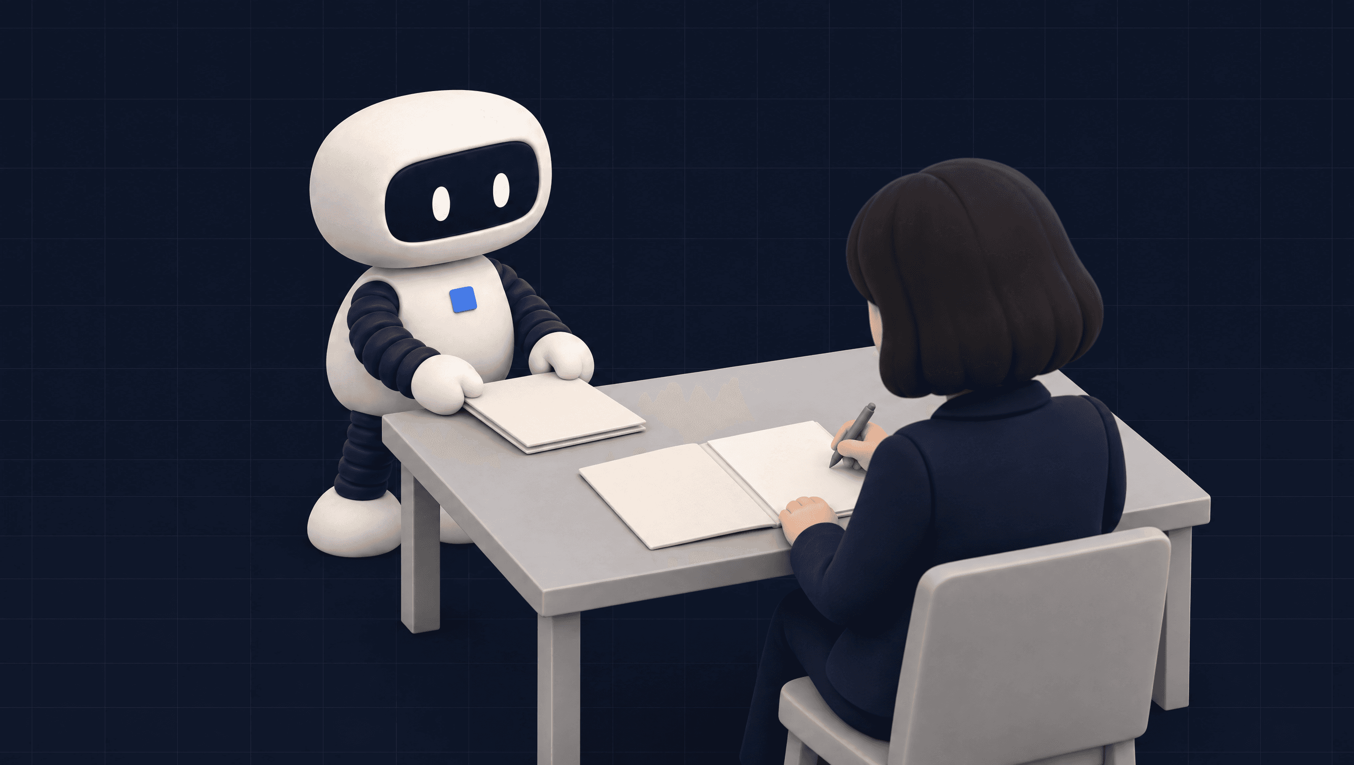 Astro, the Équipage IA robot, places a prepared file on a manager's desk; she reads it before signing.