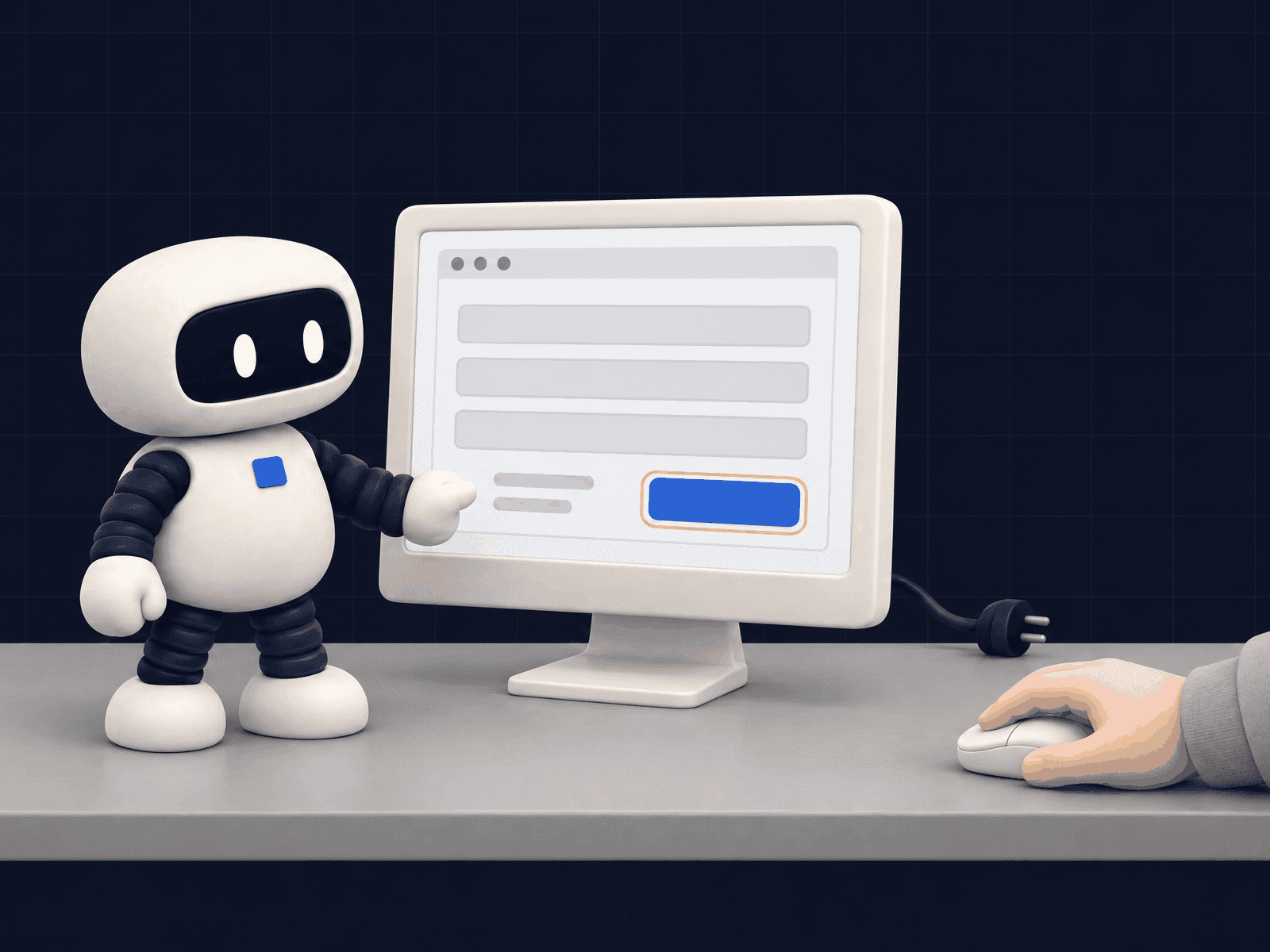 A small robot has filled in a form on a software screen and stops just before the submit button; next to it, a person's hand on the mouse gives the approval, on a navy background.