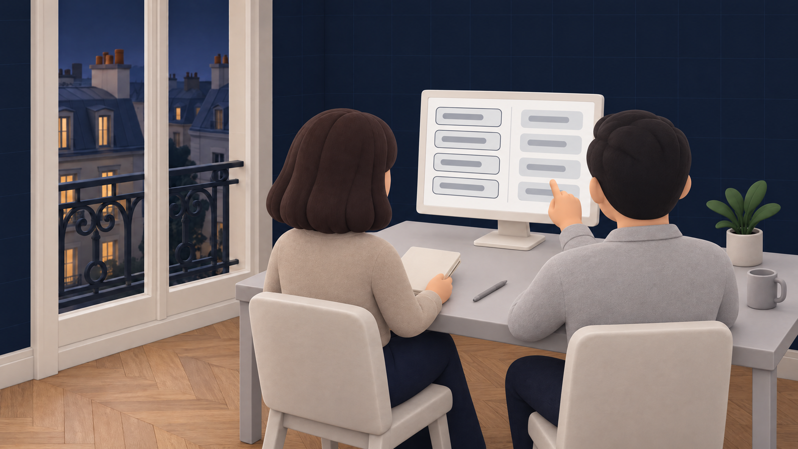 Trial run meeting in a Paris office: two people compare on a screen the replies drafted by the agent with those the team actually sent.