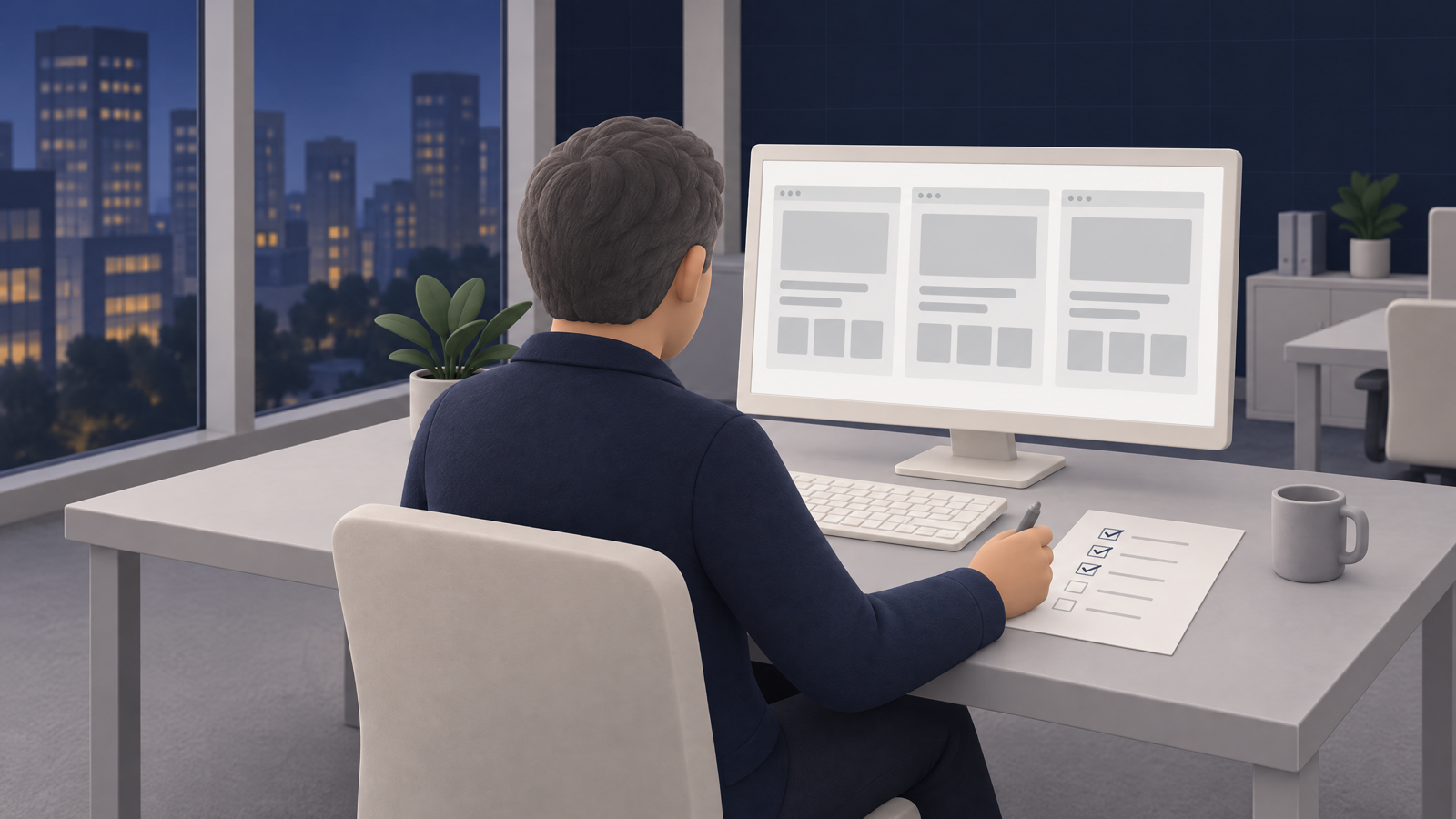 Small business owner comparing several nearly identical agency web pages on screen, with a sheet of five questions next to the keyboard, ticked one by one.