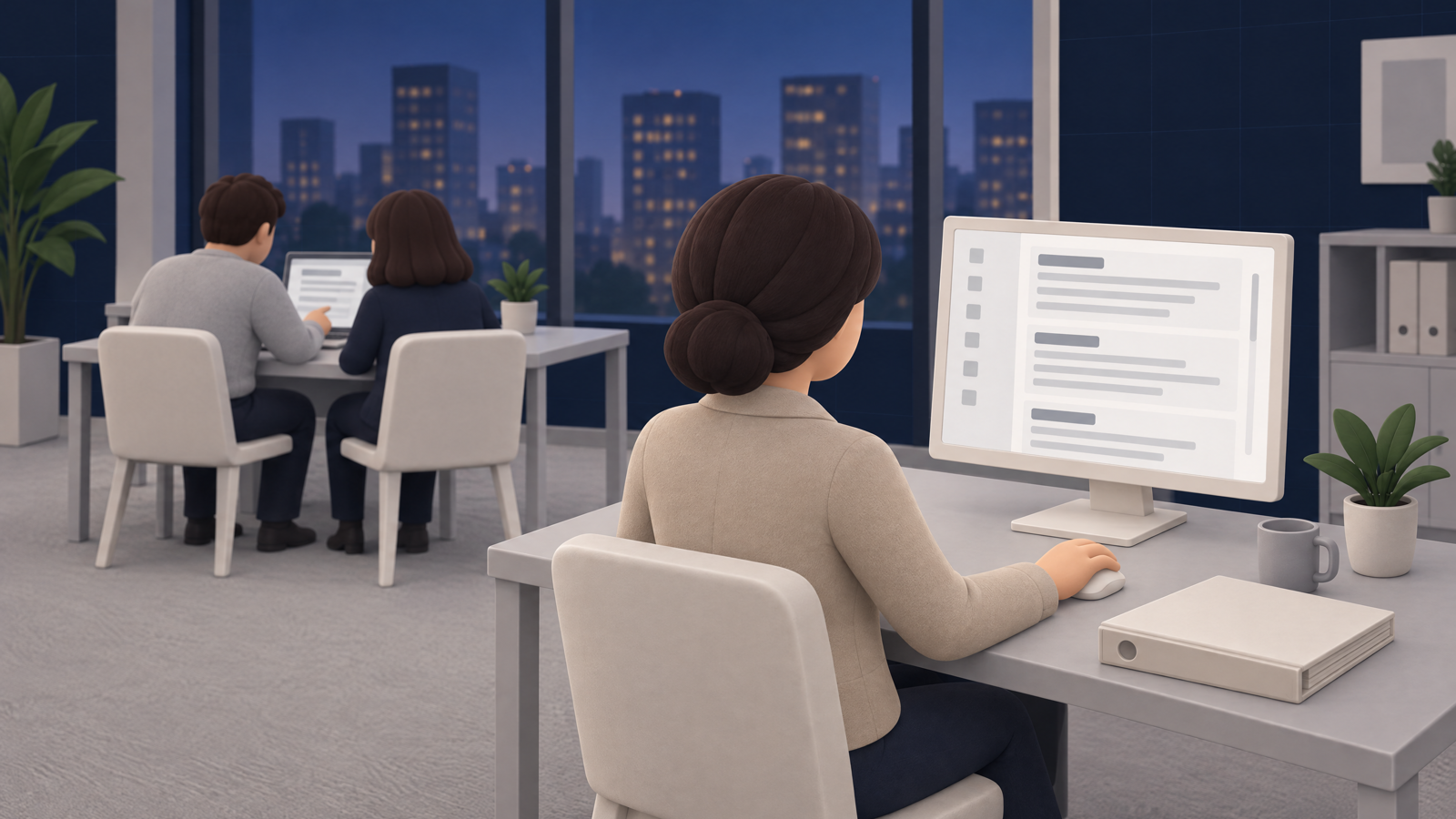 Small consulting team in an office west of Paris, office towers in the distance: a consultant reviews on screen a file prepared for a large corporate client.