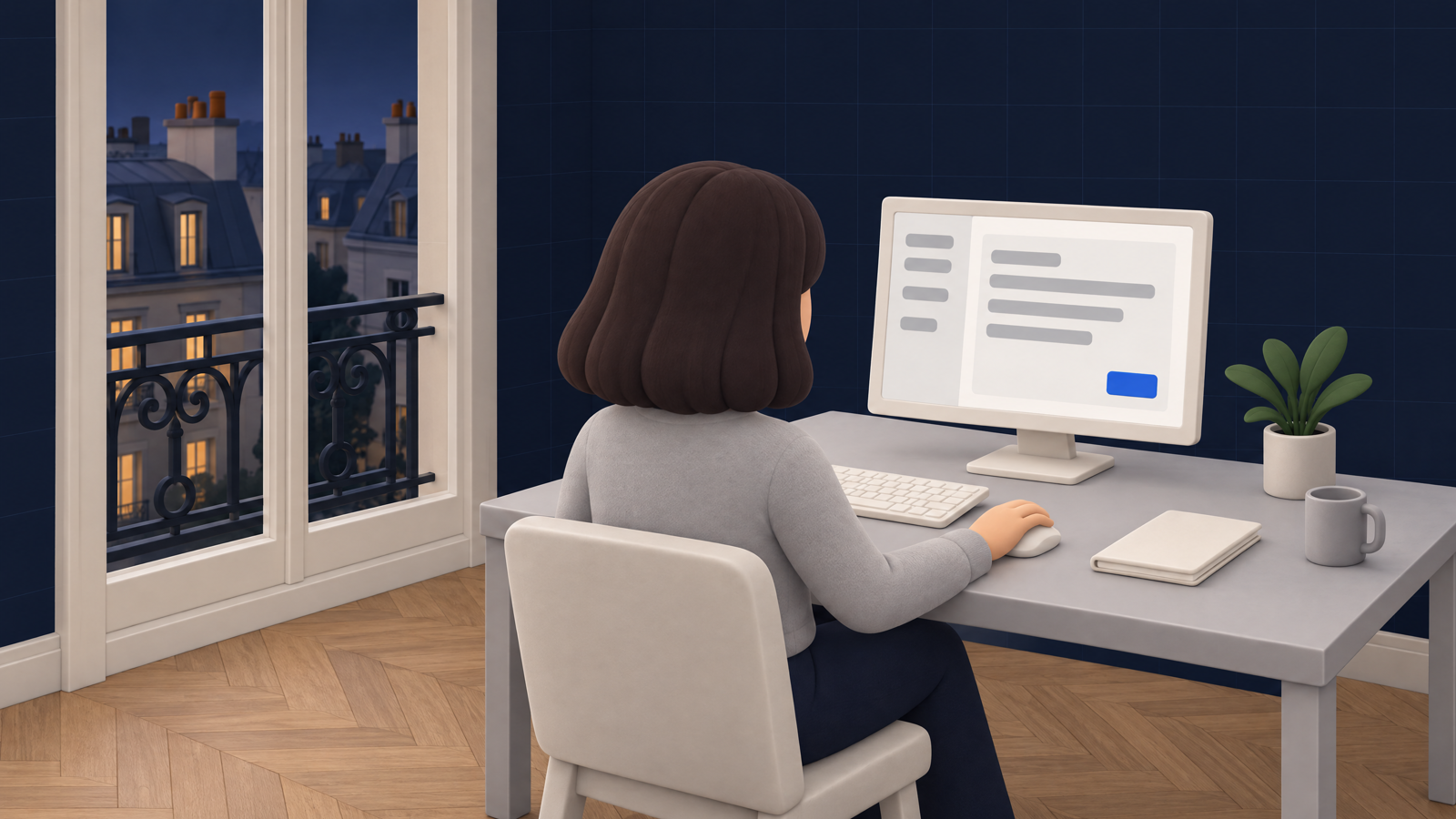 Small Paris office of a service firm: an employee reviews on screen a reply prepared from a client request received by email.