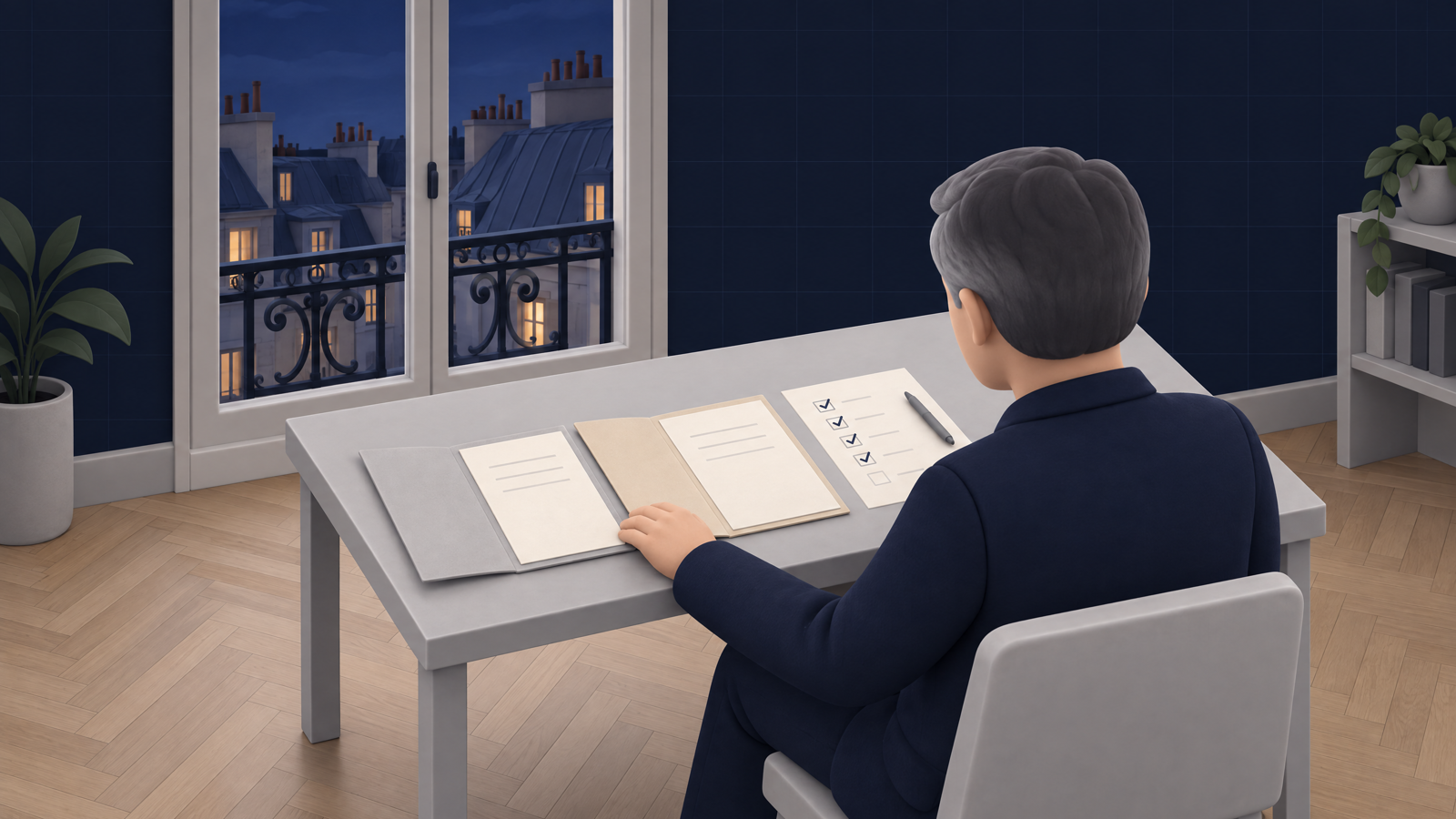 Small business owner comparing two agency proposals on a desk, with a checklist of questions beside them, in a Paris office.