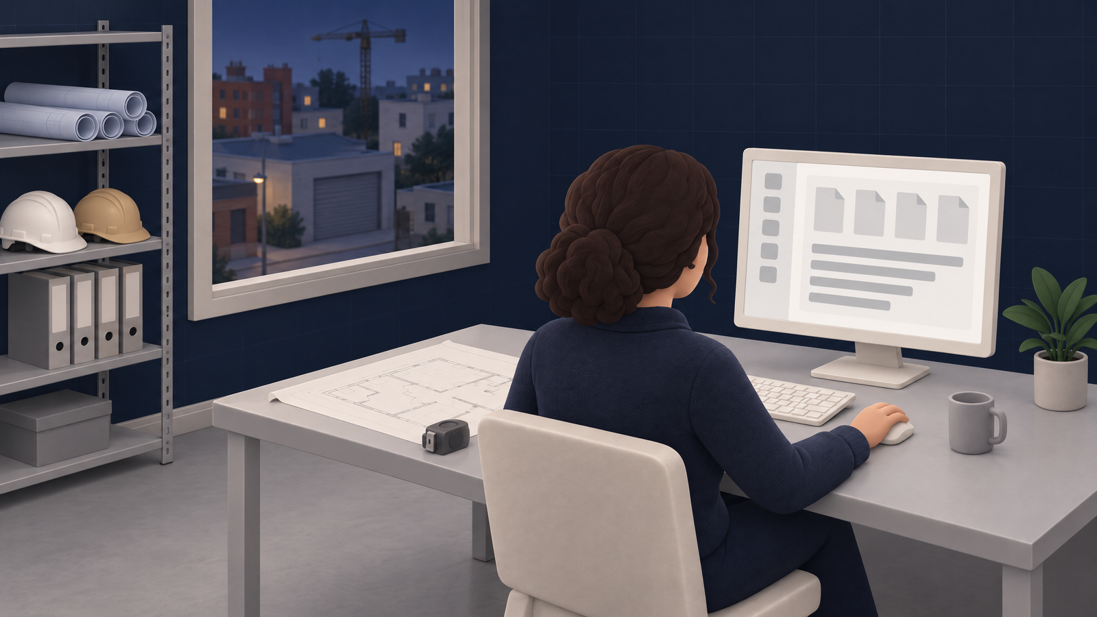 Office of a small building company in Seine-Saint-Denis, plans and hard hats on a shelf: the manager reviews on her computer a subcontracting file prepared for a job site.