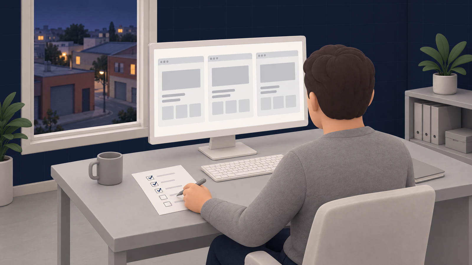 Owner of a small business north-east of Paris comparing AI agency web pages on screen, with a sheet of five questions next to him that he ticks before booking a meeting.