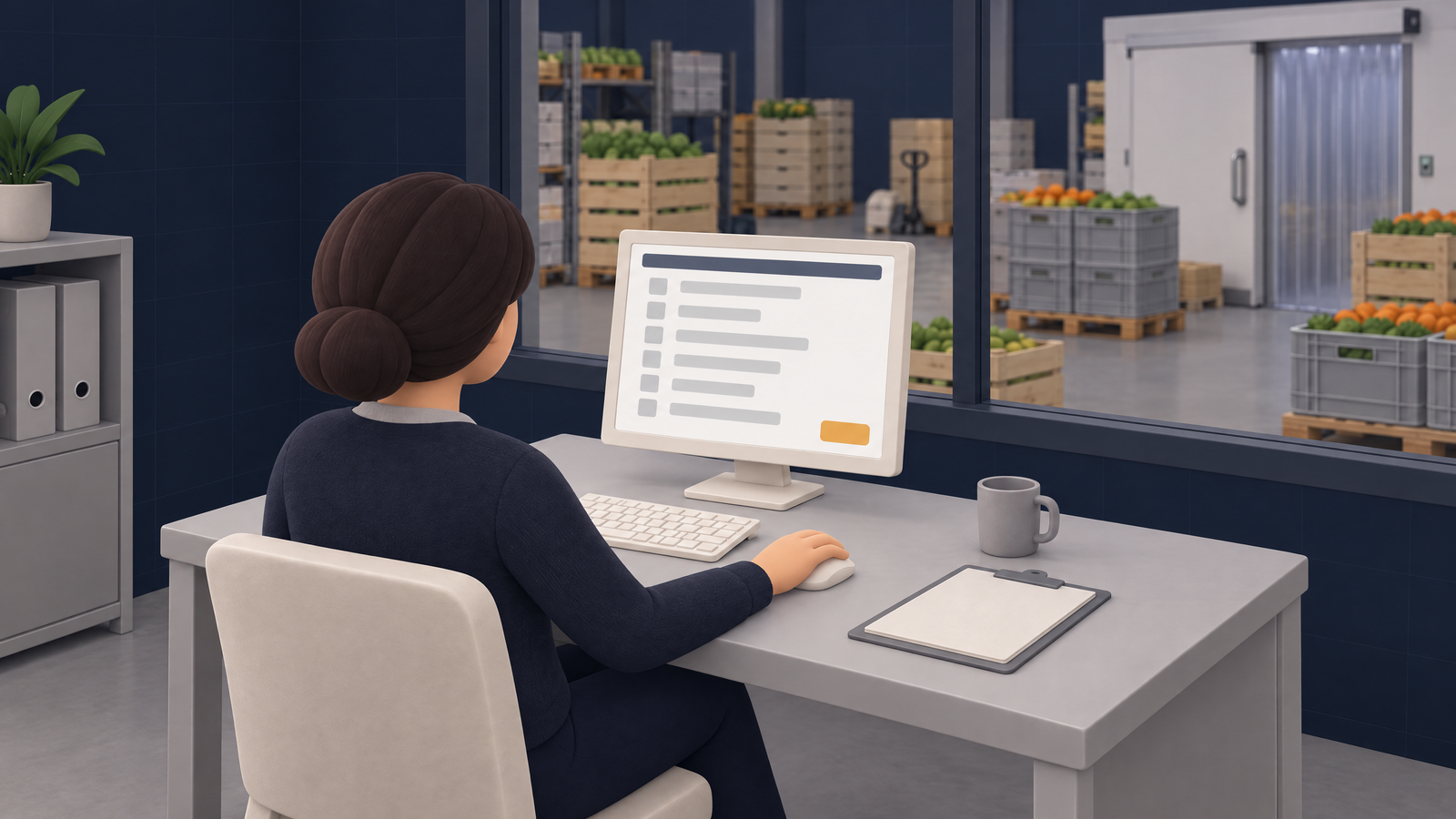 Office of a food wholesaler in Val-de-Marne, crates and a cold room in the background: an employee reviews on her screen a customer order prepared by the agent before approving it.