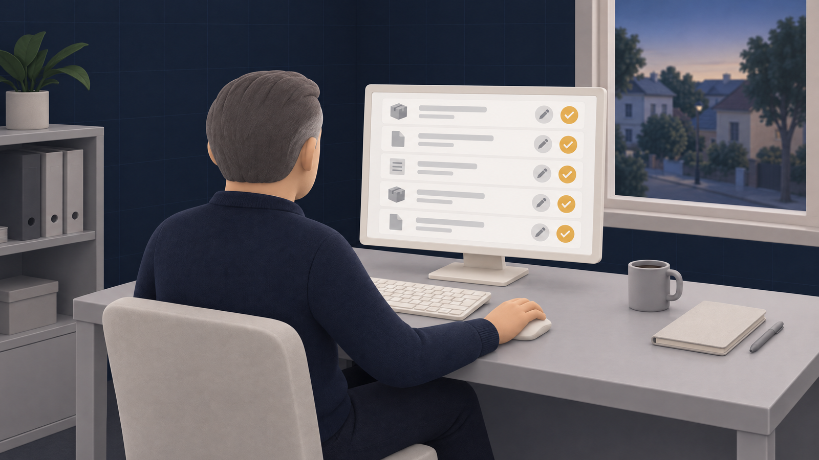 Manager of a small business in Val-de-Marne at his desk, going through the morning list prepared by the agent on his computer: orders, quotes and invoices, each with an approve or correct button.