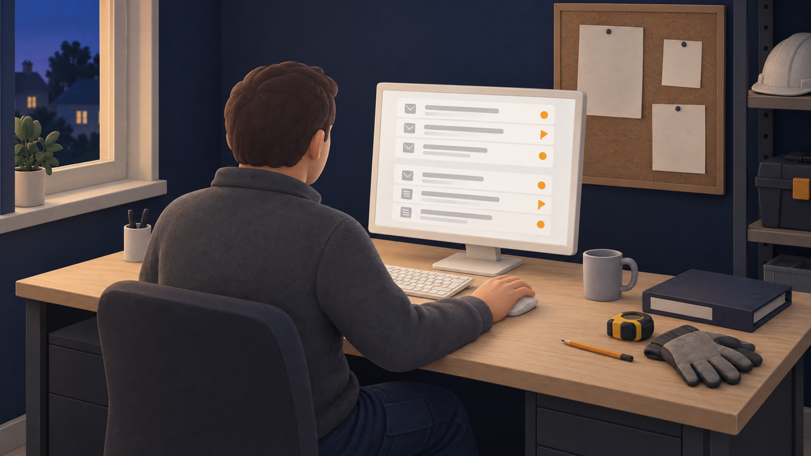 A building tradesperson's desk at the end of the day: on screen, work enquiries received by email and web form, sorted, each with its missing information flagged.