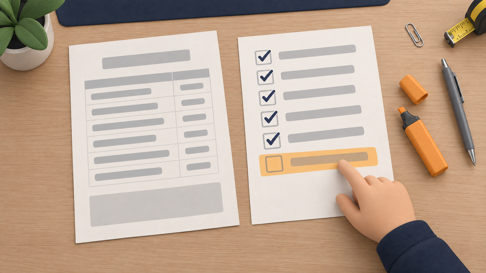 A building quote next to a checklist: each mandatory detail is ticked, and one line in orange flags the ten-year liability insurance certificate still missing from the attachments.