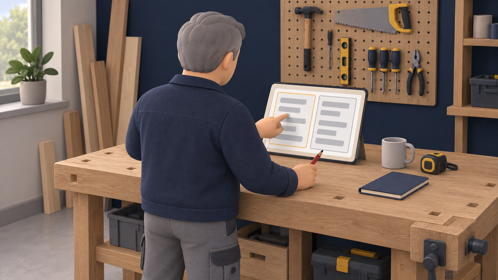 Trial run at a tradesperson's workshop: on a tablet resting on the workbench, the tradesperson compares the reply drafted by the agent with the one actually sent to a customer the week before.