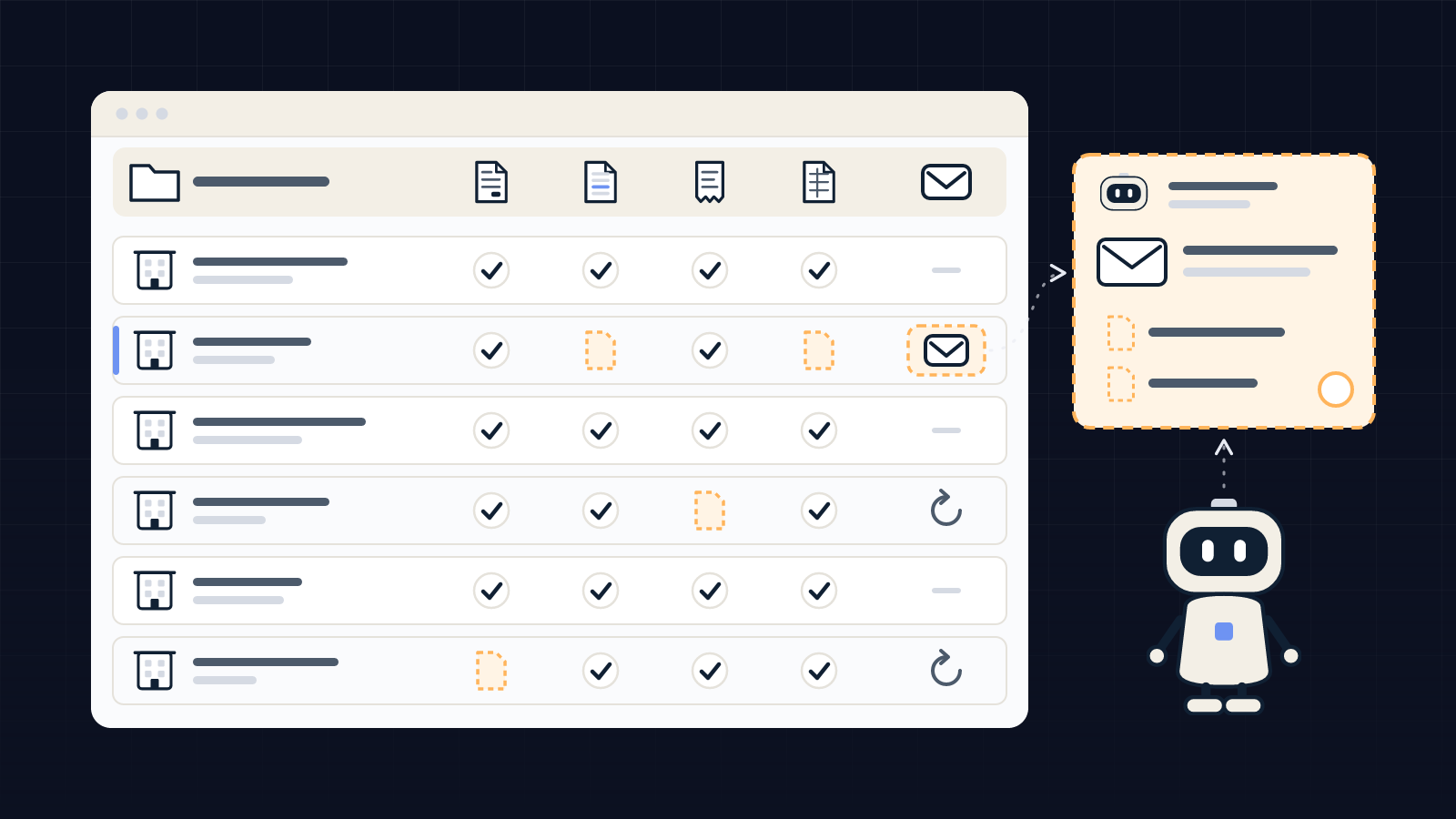 Document collection tracker for an accounting firm: one row per client file, received documents ticked, missing ones in orange and a reminder ready for approval