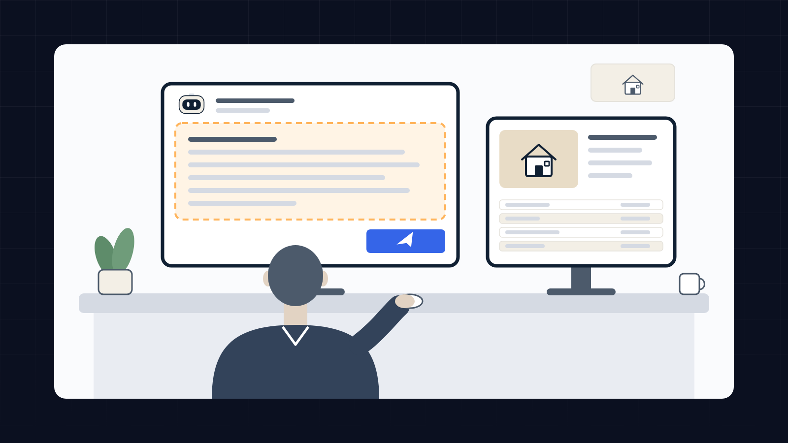 A real estate agent at a desk reading a reply drafted by the AI agent before sending it, with the property record open next to it